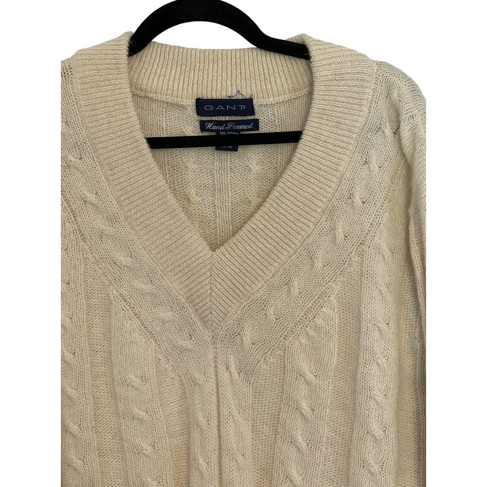 Gant Vintage Alpaca Wool Cable Knit V-Neck Sweater Cream Mens Large Cableknit